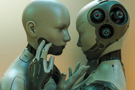 Two female robots share an intimate moment and touch face with fingers
