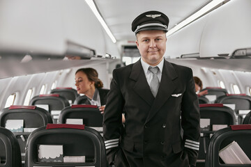 Pilot and stewardesses in passenger cabin of plane