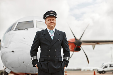 Pilot stand on runway on airplane jet background