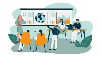 Ecological press conference member speaking on stage before audience, presenting graphs with earth. Vector illustration for global meeting, scientific forum, mass media concept