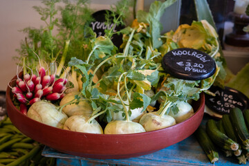 A variety of fresh vegetables displayed in a bowl with radishes and kohlrabi