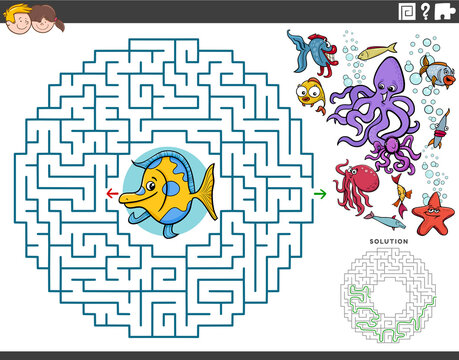 maze educational game with cartoon fish and sea animals