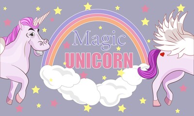 A funny brutal unicorn. Smiling Horse Divided. Beautiful animated cartoon picture. The background. vector. Illustration. Rainbow and clouds.Stars