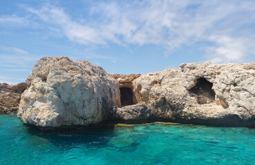 Pirate caves and turquoise sea near Protaras. Cyprus.