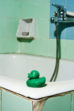 green rubber duck on an old bathtub