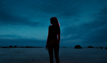 Girl silhouette standing in a dark sunset