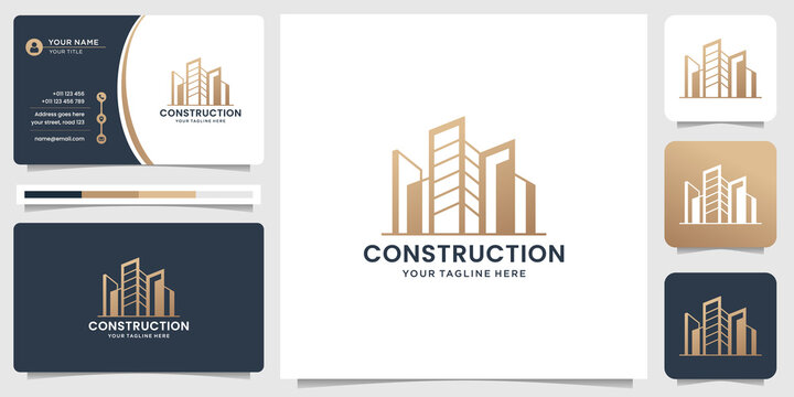 construction logo template. architects, layouts, modern buildings, for companies in the field of building and architects, logo design inspiration with business card. Premium Vector