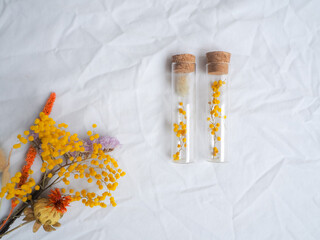 Handmade dried flowers in glass tube gift against a white background