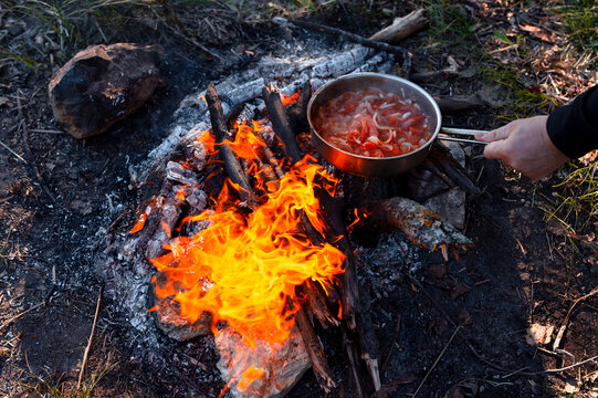 summer holidays. Picnic fire and fried eggs in the pan.