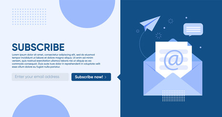 Template envelope with the subscribe button. For email marketing with an open envelope. Blue colors. Horizontal banner