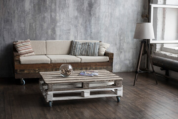 Wooden block sofa and coffee table. Waste-free production.