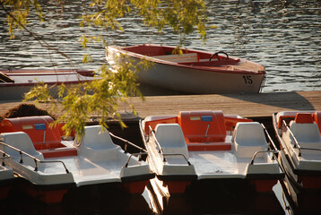Pedal boats moored on pier of Alte Donau in Vienna, Austria