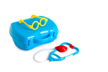 Set of toy medical equipment. medical suitcase. An educational toys for kids on white background.