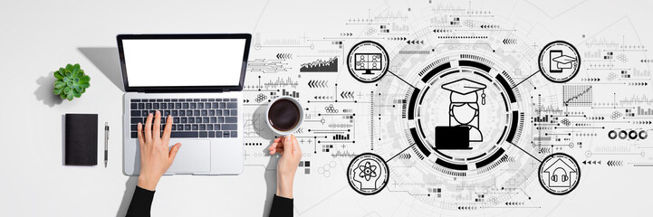 Distance learning theme with person using laptop computer