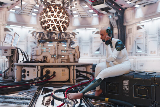 White cyborg woman in futuristic indoor setting with computers and electronics