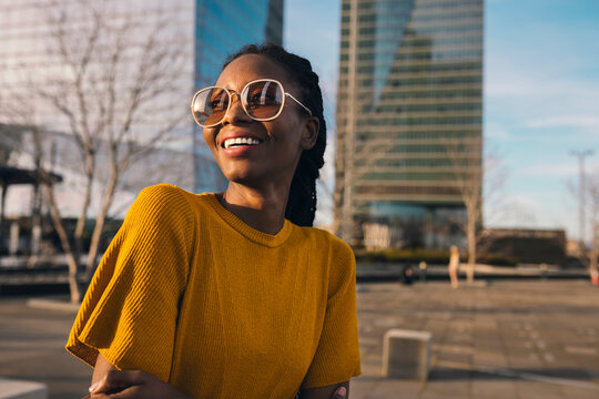 Happy Black Woman On City Street