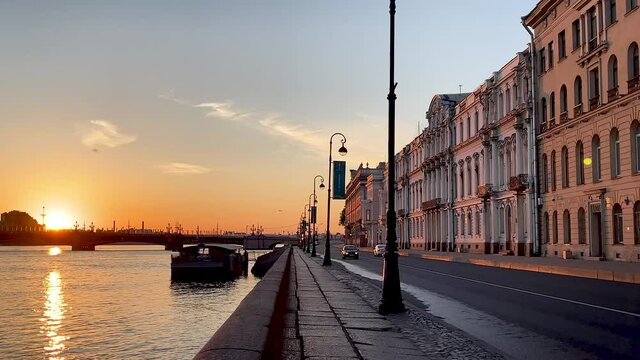 Urban landscape in St. Petersburg at dawn of the day. 4K video.