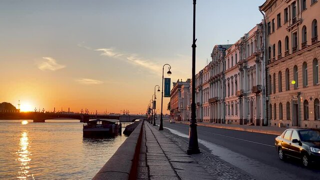 Urban landscape in St. Petersburg at dawn of the day. 4K video.