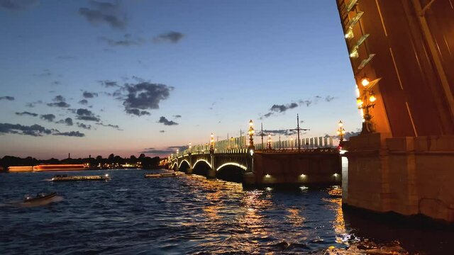 Streets of the city of St. Petersburg at night. 4K video. Peter at night.