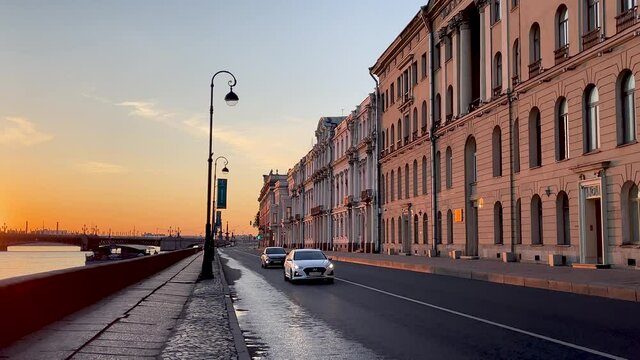 Urban landscape in St. Petersburg at dawn of the day. 4K video.