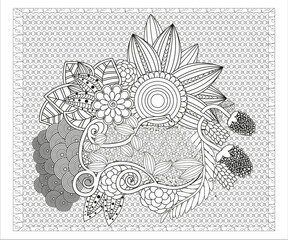 Forest flowers, leaves and berries. Vector coloring book pages for adult and children. Hand drawn illustration. Love bohemian concept for wedding invitations, cards, congratulations, branding,