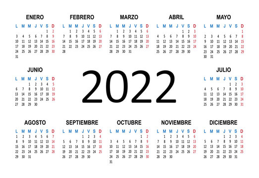 2022 year Spanish calendar. Week starts from Lunes Monday. Vector illustration