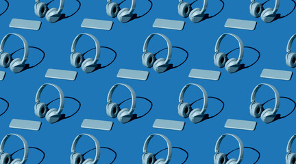 Headphones and smartphone pattern in blue tones