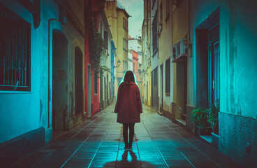 Girl standing in a colorful street