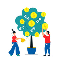 Increase in profits. Investment. Income growth. Businessman is picking cash from money tree. Businesswoman is watering plant with gold dollar coins.