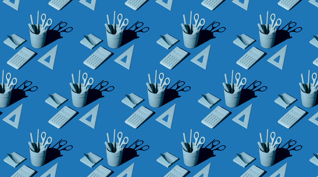 Office object patterns in blue tones. 