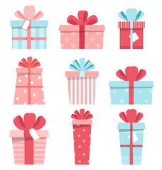 Collection of colorful gift boxes with bows and ribbons. Flat style vector illustration isolated on white. Wrap for gift package. Different present boxes for Birthday, valentine, Christmas, holiday. 

