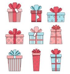 Collection of colorful gift boxes with bows and ribbons. Cartoon style vector illustration with outline, isolated on white. Wrap for gift package. Different present boxes for Birthday, valentine, Xmas