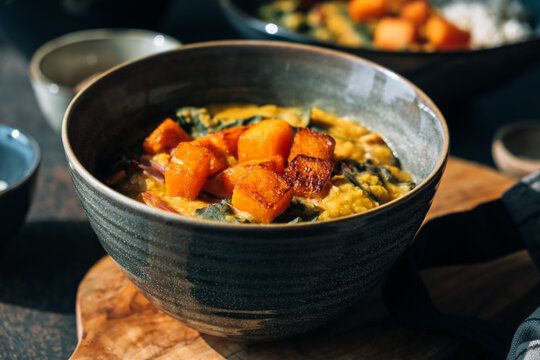 Red lentil soup with swiss chard and pumpkin