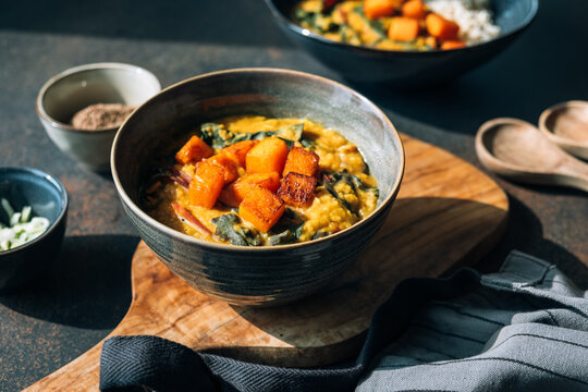 Red lentil soup with swiss chard and pumpkin