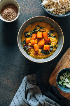 Red lentil soup with swiss chard and pumpkin