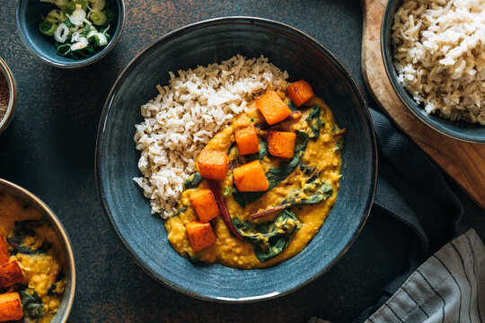 Red lentil soup with swiss chard and pumpkin