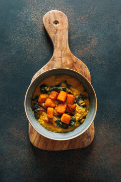 Red lentil soup with swiss chard and pumpkin
