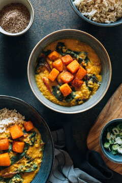 Red lentil soup with swiss chard and pumpkin