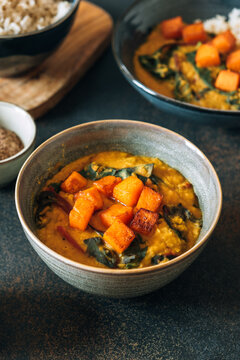 Red lentil soup with swiss chard and pumpkin