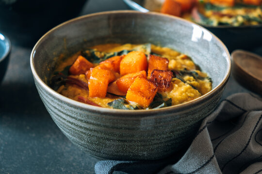 Red lentil soup with swiss chard and pumpkin