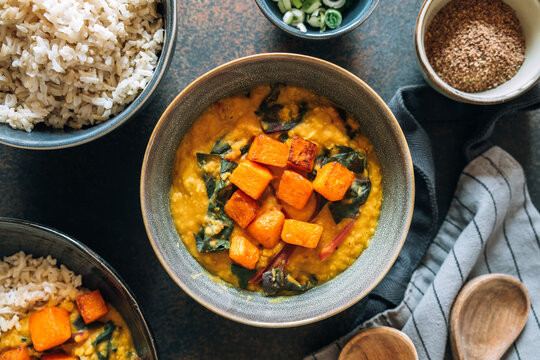 Red lentil soup with swiss chard and pumpkin