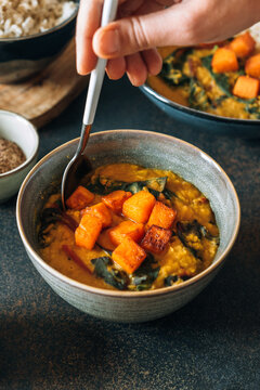 Red lentil soup with swiss chard and pumpkin