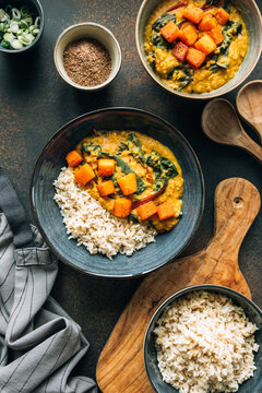 Red lentil soup with swiss chard and pumpkin