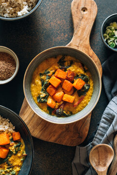 Red lentil soup with swiss chard and pumpkin