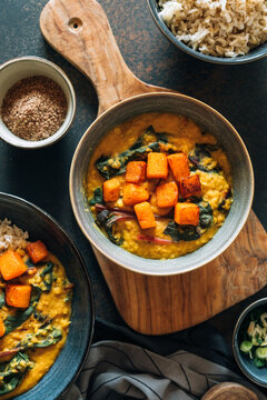 Red lentil soup with swiss chard and pumpkin