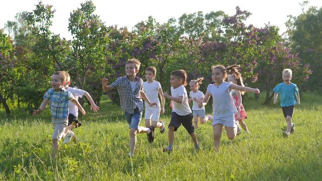 Slow-motion video. A group of children, friends of boys and girls, are running merrily in the park on a sunny summer day in a green meadow. The concept of a child's dream. Primary school children