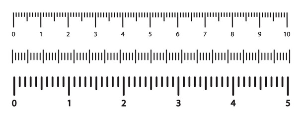 Measuring vector scale, markup for ruler isolated on white background. Horizontal rulers with different units of measurement. Simple illustration. - obrazy, fototapety, plakaty