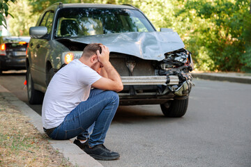Car accident. Man holding his head after car accident. Man regrets damage caused during car wreck....