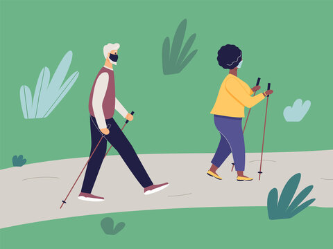 Elderly fit man and african woman engaged in Nordic walking with sticks on path in park. Old athletic male and plump fashionable black female walk on foot in the open air.Healthy lifestyle.Raster