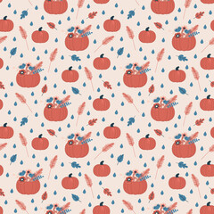 Seamless vector pattern with autumn colorful flowers in pumpkin vase and leaves. llustration in flat cartoon style.